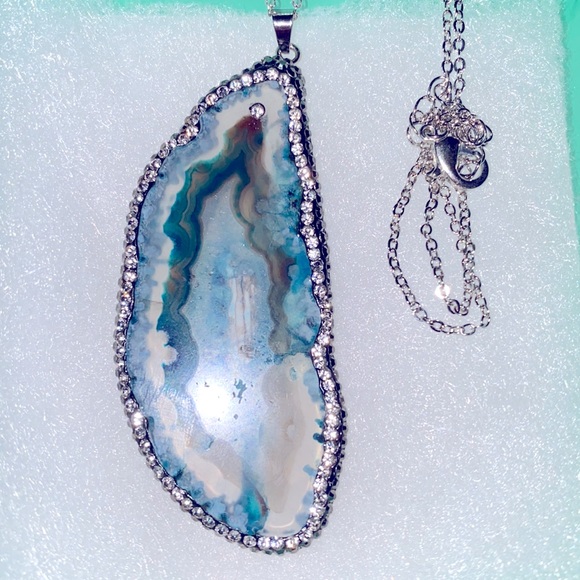 Natural Blue Agate cubic zirconia Sterling Silver 20”Necklace - Picture 2 of 6